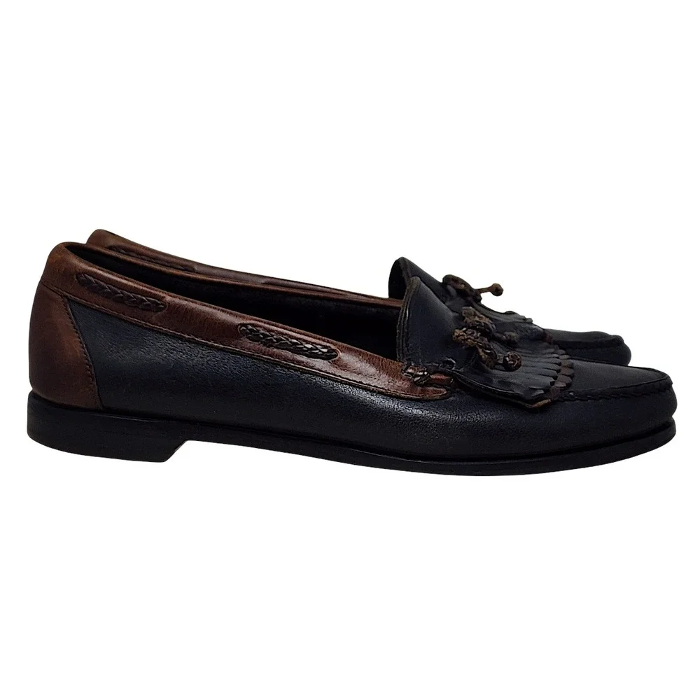 Johnston & Murphy Kiltie Loafers 11 D Mens Black Brown Tassel Leather Moc Toe